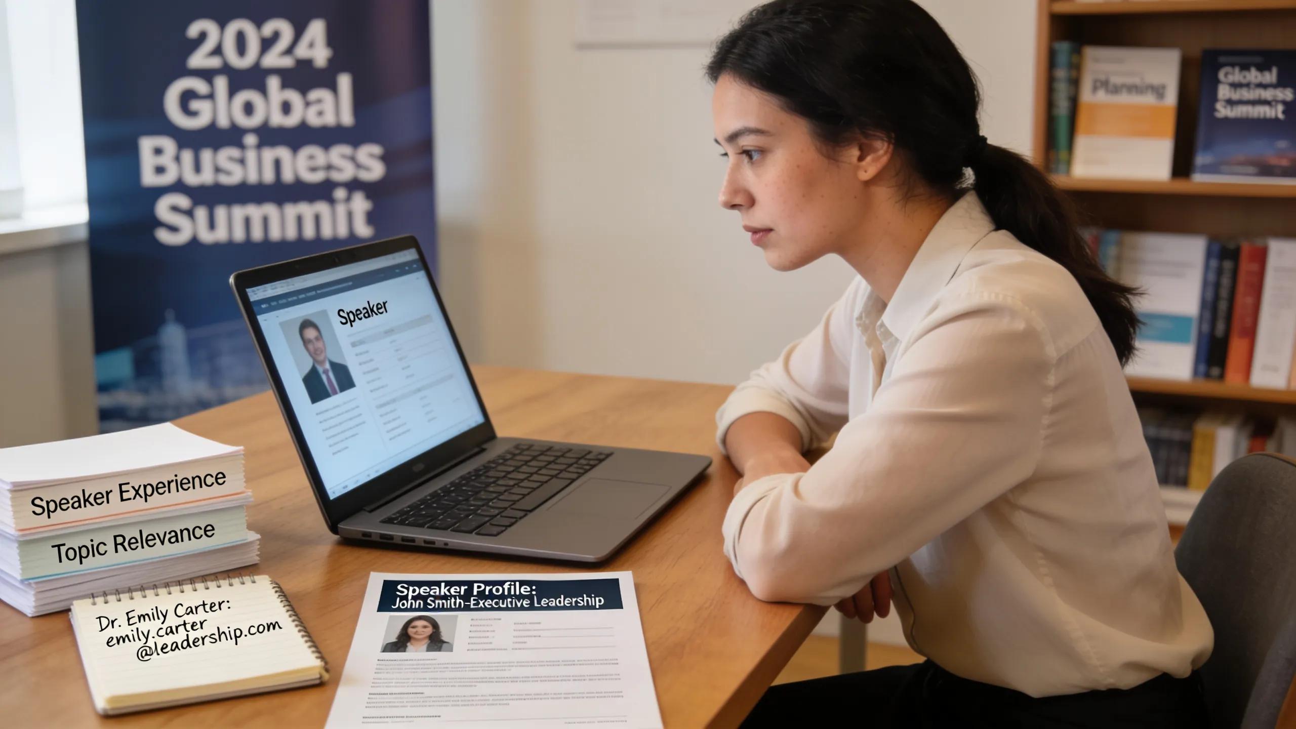 Event planner assessing executive speaker credentials for successful selection