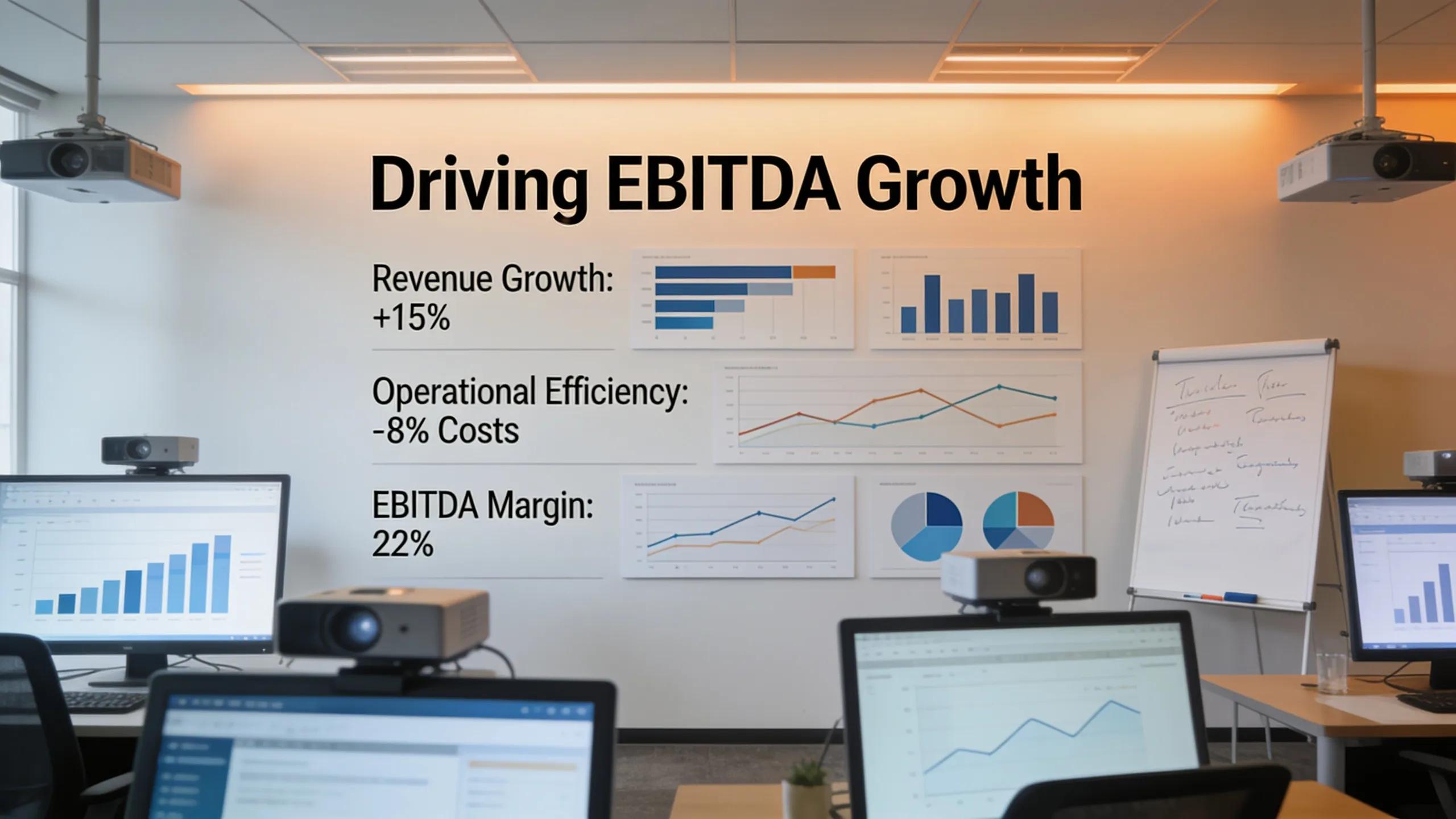 Senior executive presenting financial metrics to a team in a modern office